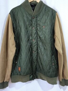 Vintage LRG Quilted Bomber Jacket Mens XL Green Tan Fleece Varsity Skate Coat